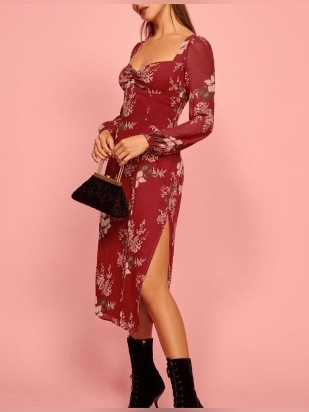 reformation mabille long sleeve floral midi length dress